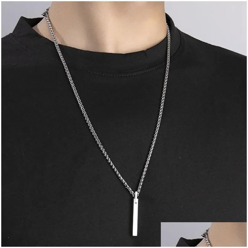 Pendant Necklaces Fashion Tungsten Steel Bar Pendant Necklace Black Blue Stainless Chain For Men Women Necklaces Fine Jewelry Gift Dro Dhxtw