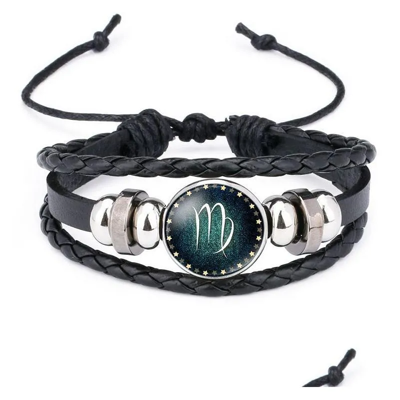 12 horoscope sign bracelet time gemstone glass leather multilayer wrap bracelets bangle cuff wristband fashion hip hop jewelry