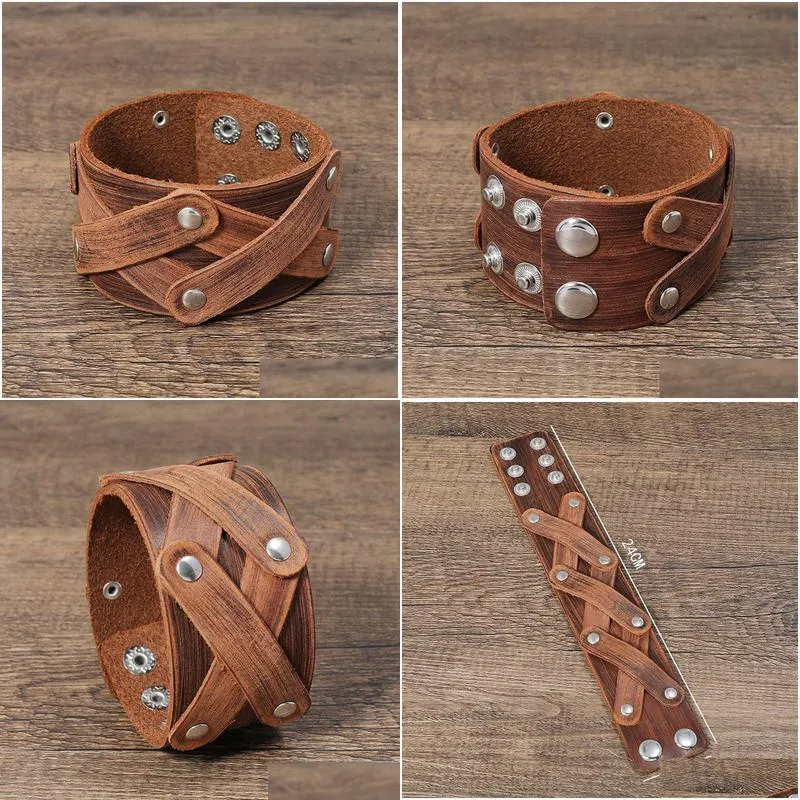 cross bangle cuff wide leather button adjustable bracelet wristand for men women fashion jewelry