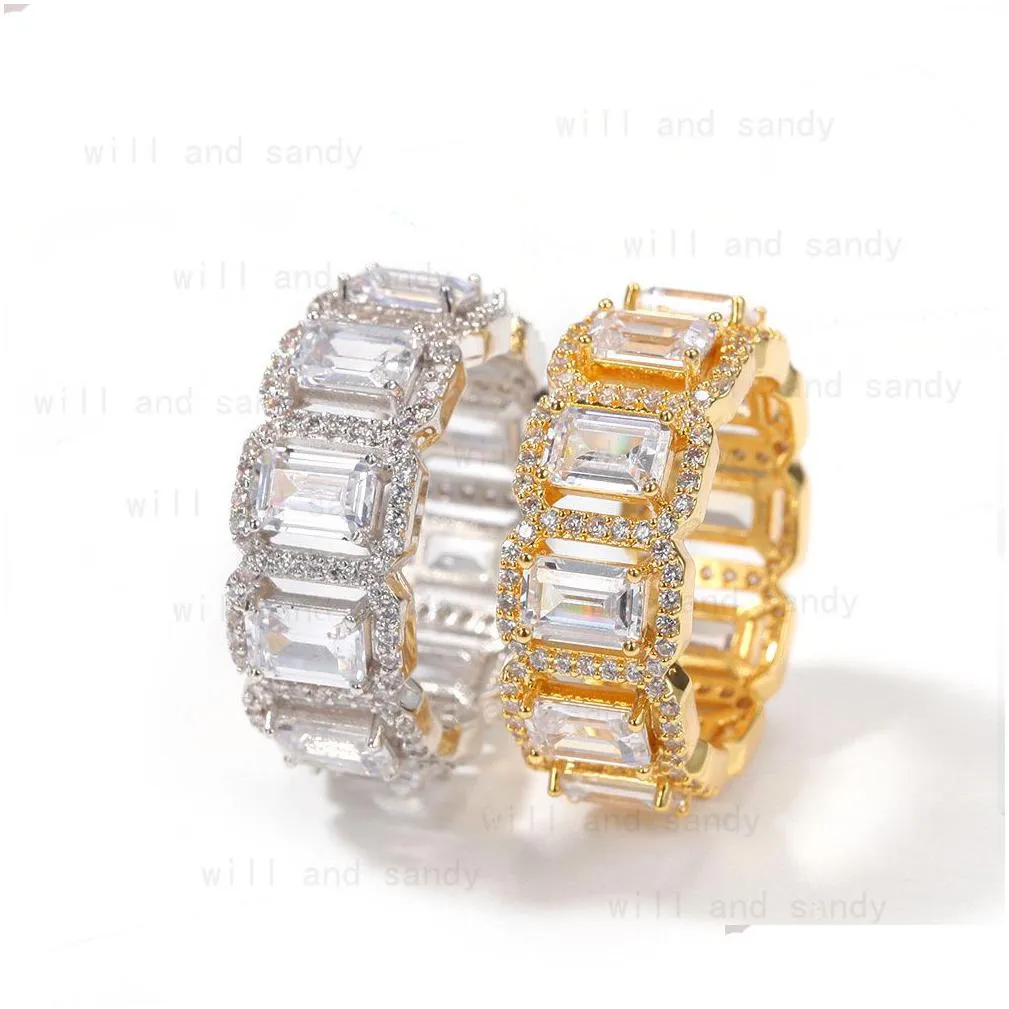 Cluster Rings Gold Fl Iced Out Ring Band Bling Cubic Zirconia Diamond Rings For Women Men Hiphop Fashion Fine Jewelry Gift Drop Deliv Dhsze