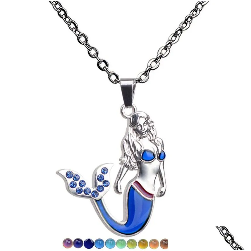 Pendant Necklaces Crystal Mermaid Color Changing Temperature Sensing Necklace Mood Women Children Necklaces Fashion Jewelry Dhgarden Dh43W