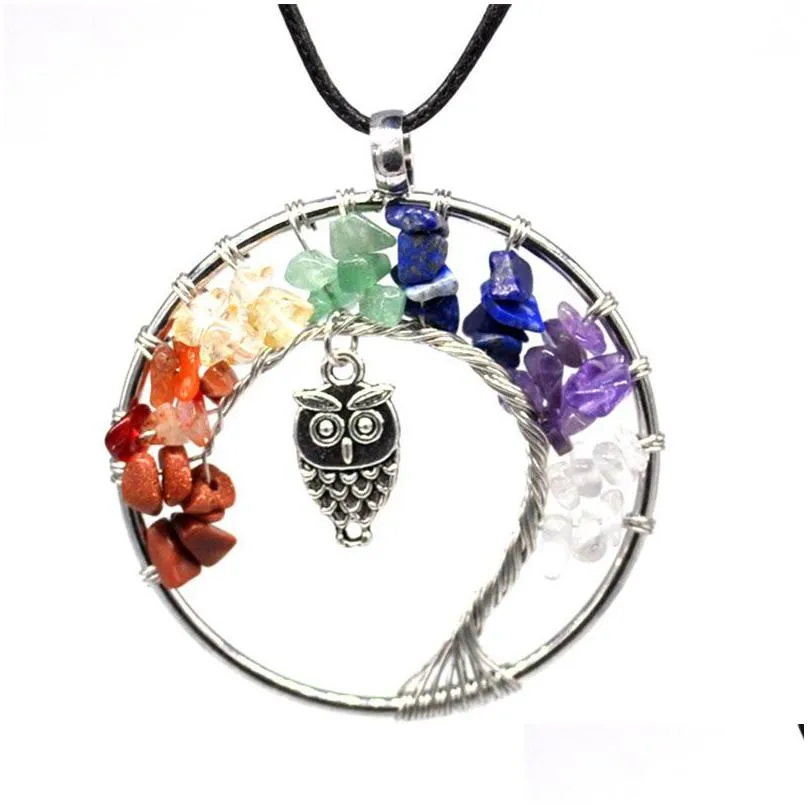 Pendant Necklaces Update Fashion Women Rainbow 7 Chakra Tree Of Life Pendant Necklace Quartz Owl Mticolor Natural Stone Wisdom Necklac Dhorq