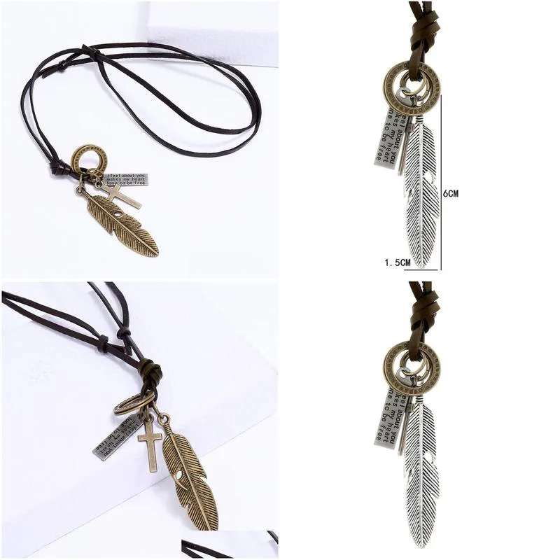 Pendant Necklaces Old Bird Feather Pendant Necklace Ancient Letter Id Cross Charm Adjustable Chain Leather Necklaces For Women Men Fas Dhhkf