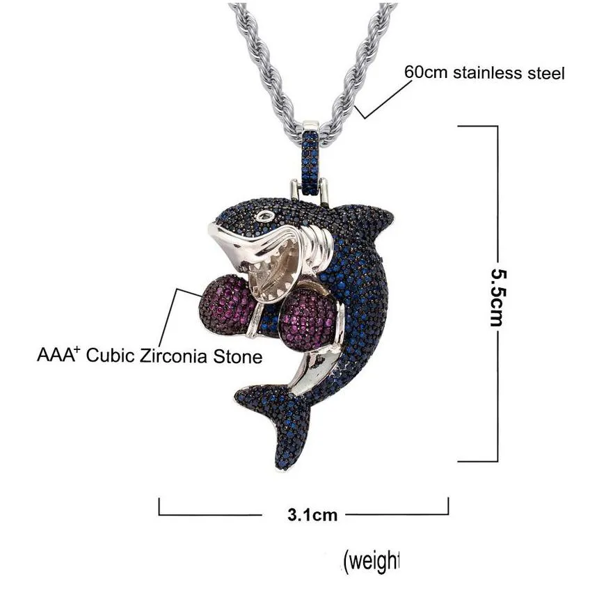 Pendant Necklaces Sport Boxing Shark Necklace Bling Jewelry Set 18K Gold Diamond Cubic Zirconia Animal Pendant Hip Hop Necklaces For W Dhbjy