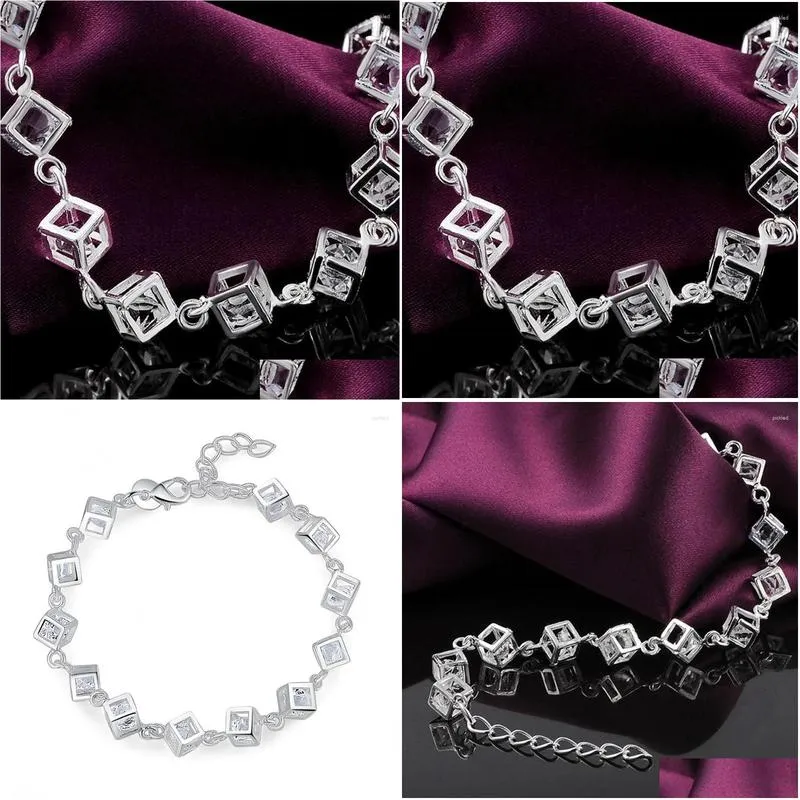 Charm Bracelets 8 Inch 925 Sterling Silver 8MM Square Zircon Bracelet For Woman Lady Fashion Glamour Wedding Jewelry Gift