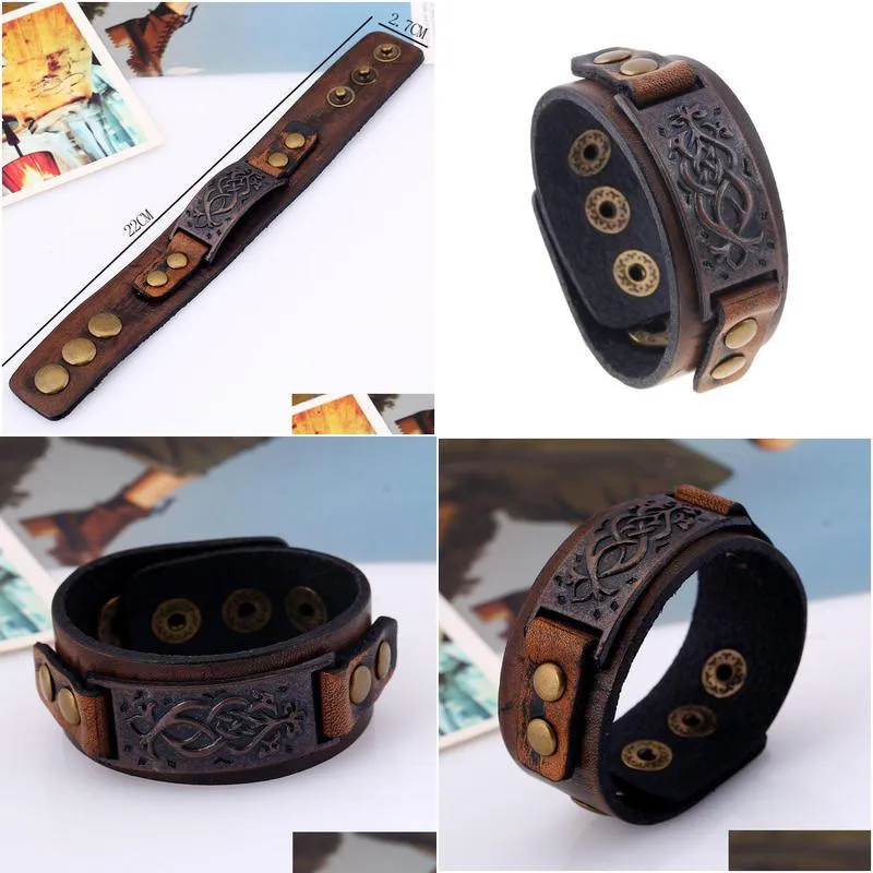 retro metal floral branch bar id leather bangle cuff button adjustable bracelet wristand for men women fashion jewelry