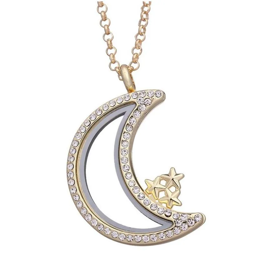 Pendant Necklaces Star Moon Floating Locket Pendant Necklace Crystal Gold Chains Openable Open Living Memory Necklaces Diy Fashion Jew Dhjy3