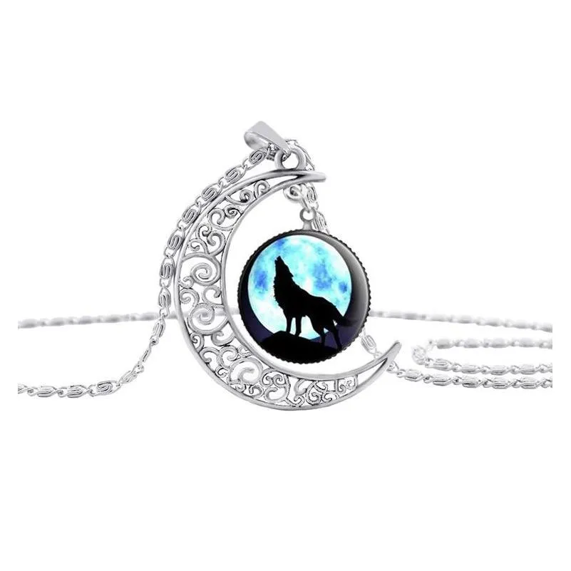 Pendant Necklaces Totem Wolf Glass Cabochon Moon Time Gemstone Necklace Chains Sier Animal Models Fashion Jewelry For Women Gifts Drop Dhcpg