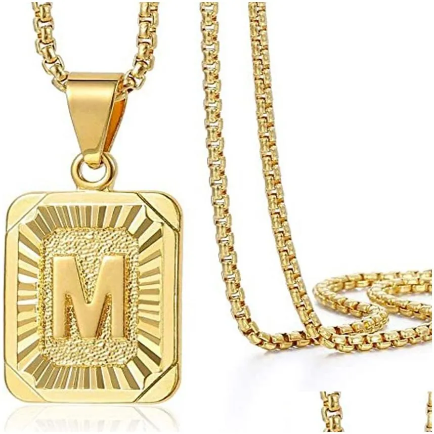 Pendant Necklaces 26 Lettes English Initial Necklace Square Capital Letter Pendant Necklaces With Gold Chain Wome Men Fashion Jewelry Dhx72