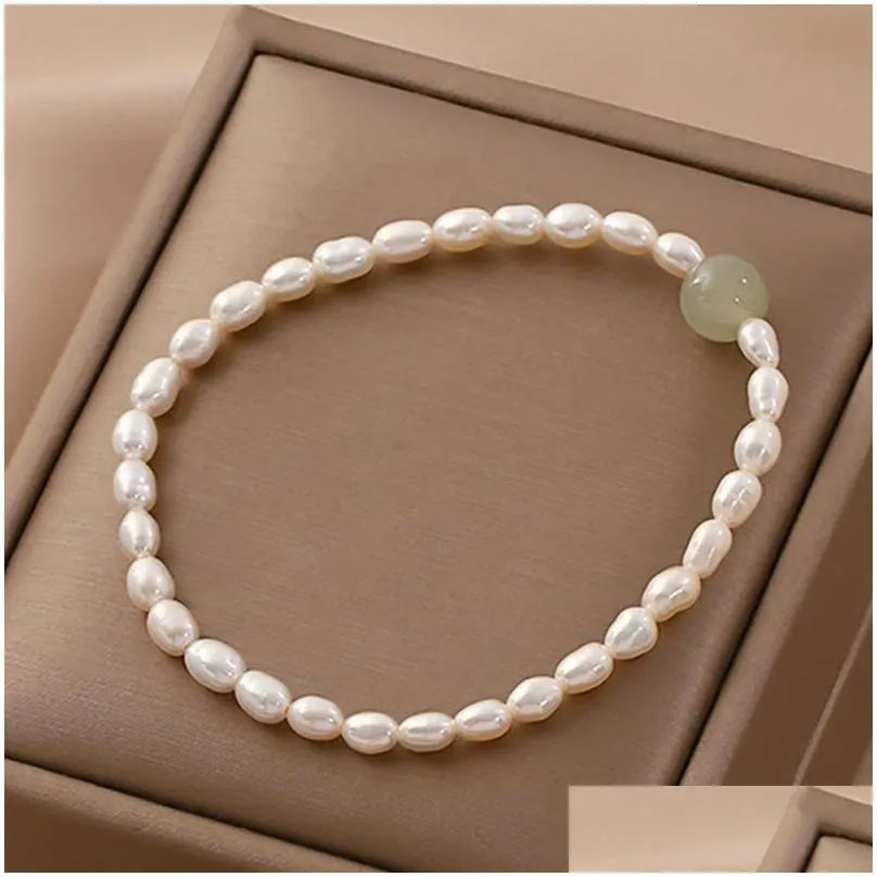 Chain Retro Natural Freshwater Pearl Bracelet For Women Fashion Handmade Jade Beaded Stretch Elastic Drop Delivery Jewelry Bracelets Dhbfd
