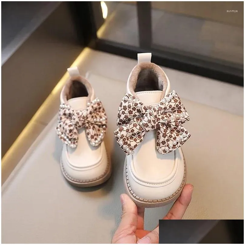 Boots Children Girls Leather Shoes Floral Bow Non-slip 2024 Spring And Autumn Hook & Loop Sweet Princess Casual Loafers Kids PU
