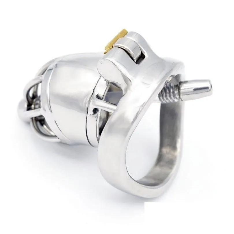 male standard stainless steel chastity cage urethral catheter barbed spike ring medium locking belt device drain tube