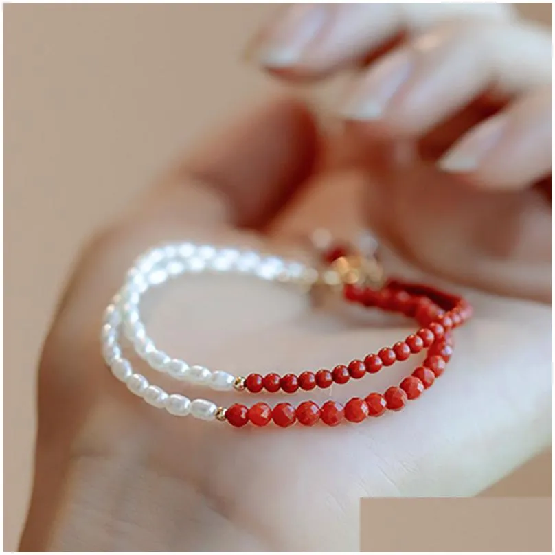 Chain Natural South Red Agate Beaded Bracelet Small 2Mm Rice Pearl Elastic Bracelets For Women Fashion Jewelry Drop Delivery Jewelry Dhbii