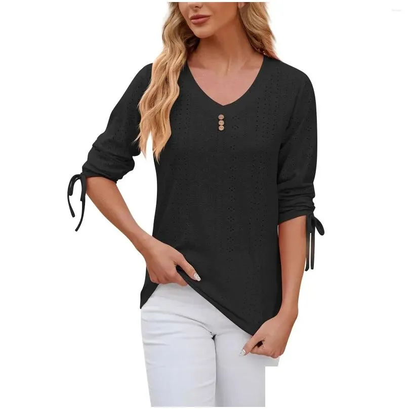 Women`s T Shirts 2024 Spring And Summer Button-down V-neck Solid Color Mid-sleeve Loose T-shirt Tops Official Store Ropa De Mujer