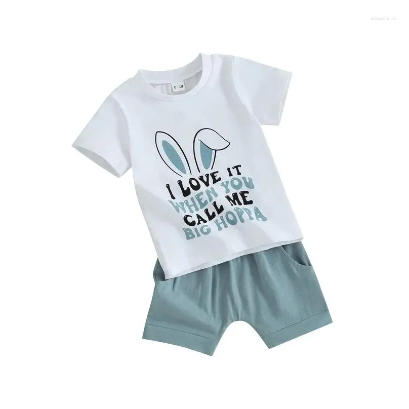 Clothing Sets Toddler Boy Easter 2Pcs Outfit Letter Ear Print Short Sleeve T-Shirt With Elastic Waist Solid Color Shorts