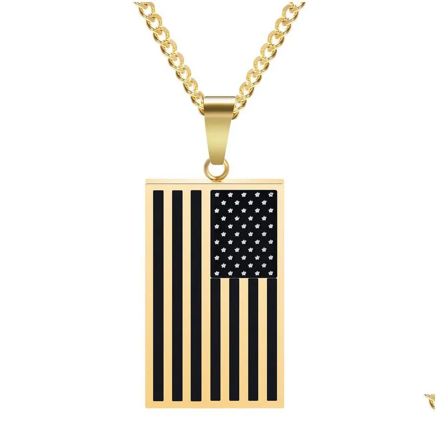 Pendant Necklaces Stainelss Steel American National Flag Pendant Necklace Gold Chains Square Tag Necklaces For Women Men Hip Hop Fashi Dh0R9