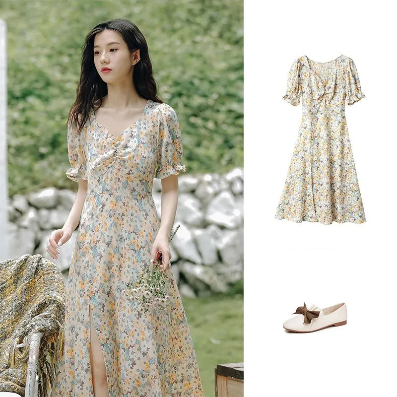 chiffon floral dress female 2023 summer gentle wind fairy bubble sleeve slit thin model