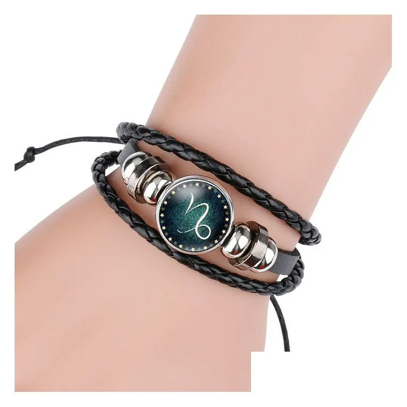 12 horoscope sign bracelet time gemstone glass leather multilayer wrap bracelets bangle cuff wristband fashion hip hop jewelry