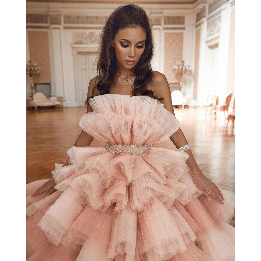 Gorgeous Ball Gown Tiered Tulle Prom Dress Blush Pink Elegant Evening Dress Long Party Dress Robe YD