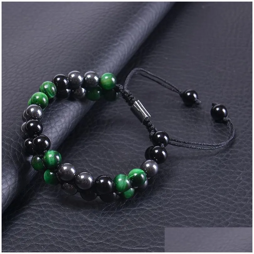 Chain Hand Braided 8Mm Black Onyx Hematite Green Tiger Eye Stone Bracelet Double Woven Adjustable Gemstone Beaded Drop Delivery Jewel Dhpoq