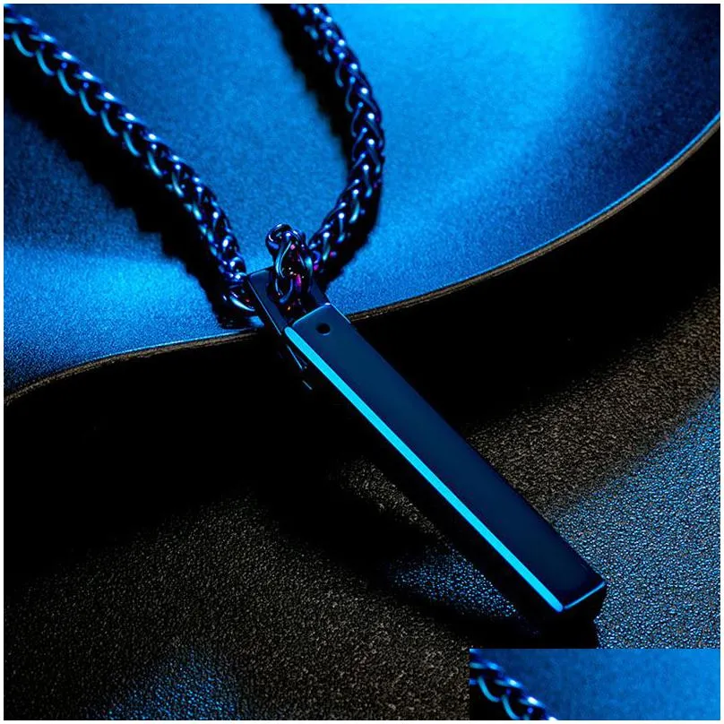 Pendant Necklaces Fashion Tungsten Steel Bar Pendant Necklace Black Blue Stainless Chain For Men Women Necklaces Fine Jewelry Gift Dro Dhxtw