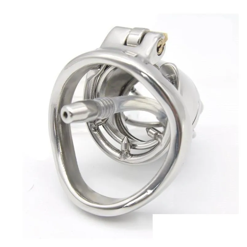 male standard stainless steel chastity cage urethral catheter barbed spike ring medium locking belt device drain tube