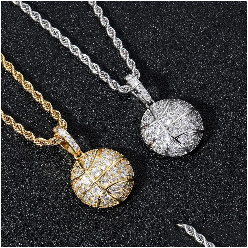 Pendant Necklaces Bling 18K Gold Cubic Zirconia Basketball Necklace 60Cm Golden Chains Jewelry Set Copper Diamond Hip Hop Sport Footba Dhyam