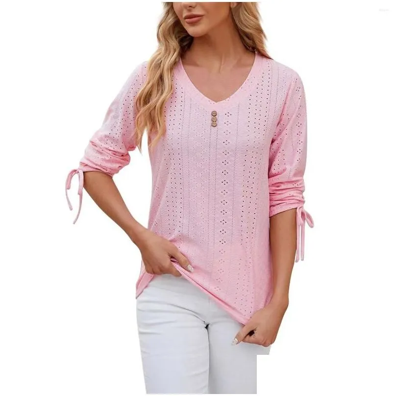 Women`s T Shirts 2024 Spring And Summer Button-down V-neck Solid Color Mid-sleeve Loose T-shirt Tops Official Store Ropa De Mujer