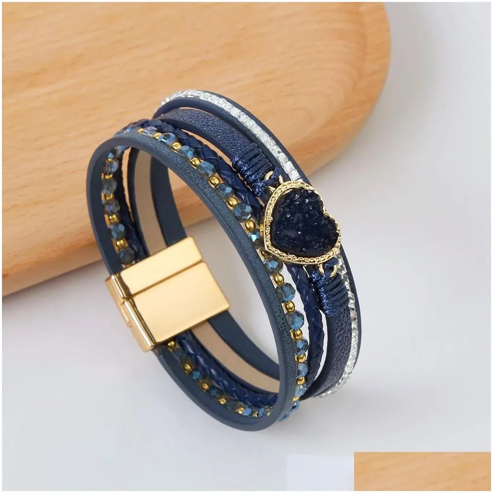 Chain Women Alloy Crystal Heart Hand Woven Leather Bracelet With Magnet Buckle Wholesale Mtilayer Bracelets For Lady Drop Delivery Je Dhpod