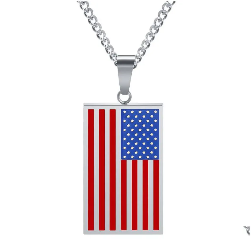 Pendant Necklaces Stainelss Steel American National Flag Pendant Necklace Gold Chains Square Tag Necklaces For Women Men Hip Hop Fashi Dh0R9