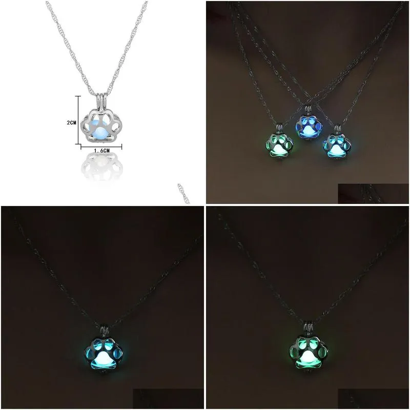 Pendant Necklaces Glow In The Dark Metal Pet Dog Paw Pendant Necklaces For Woman Animal Dogs Hollow Locket Pendants Night Luminous Dro Dhvpb