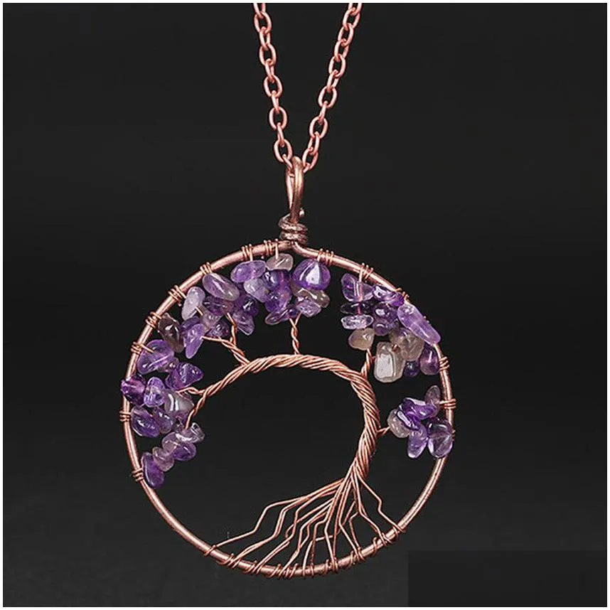 Pendant Necklaces Weave Tree Of Life Natural Stone Pendant Necklace Bronze Wire Agate Amethyst Turquoise Beads Necklaces For Women Chi Dhmcu