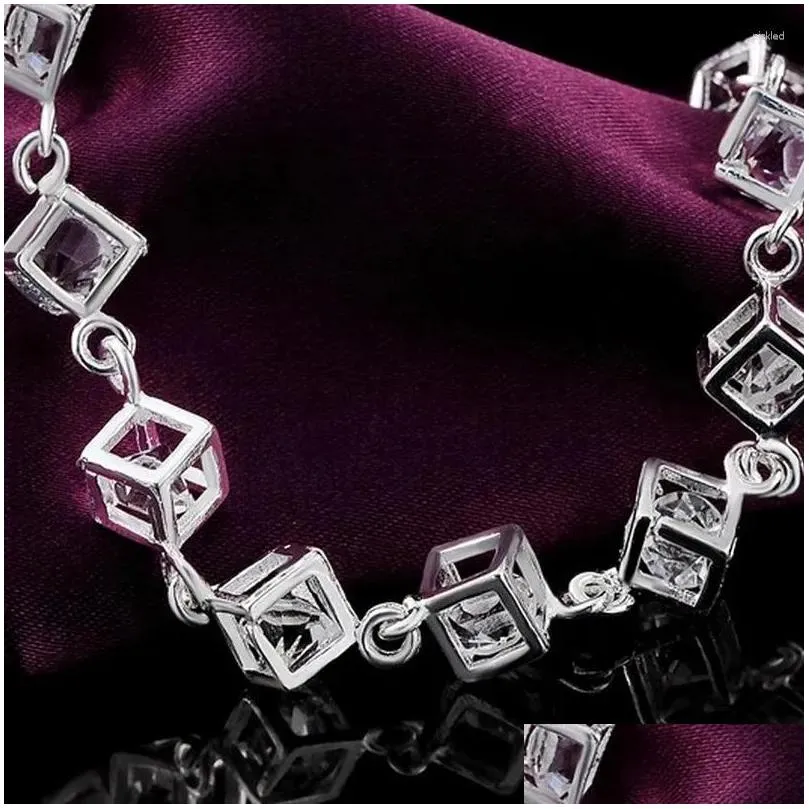 Charm Bracelets 8 Inch 925 Sterling Silver 8MM Square Zircon Bracelet For Woman Lady Fashion Glamour Wedding Jewelry Gift