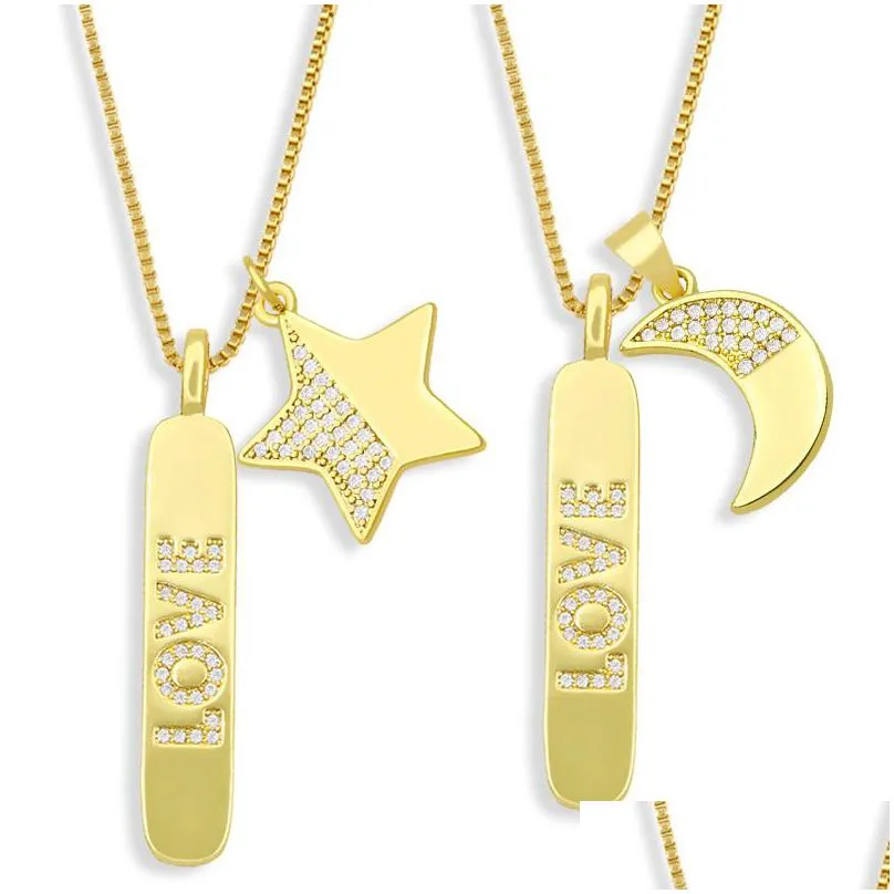 Pendant Necklaces 18K Gold Love Bar Cubic Zircon Necklace Diamond Moon Star Hand Pendant Necklaces Goden Chain For Women Men Hip Hop F Dhdyl