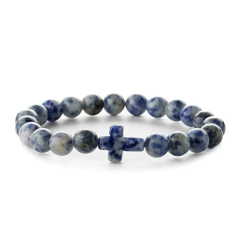 Chain 8Mm Natural Stone Turquoise Bracelet Lava Agate Elastic Cross Charm Bracelets For Men Drop Delivery Jewelry Bracelets Dhnfg