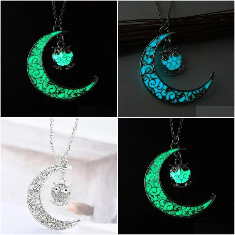 Pendant Necklaces Cartoon Mticolor Luminous Owl Necklace Pendant Moon Glowing In The Dark Animal Charm Necklaces Fashion Jewlery For W Dhzl6