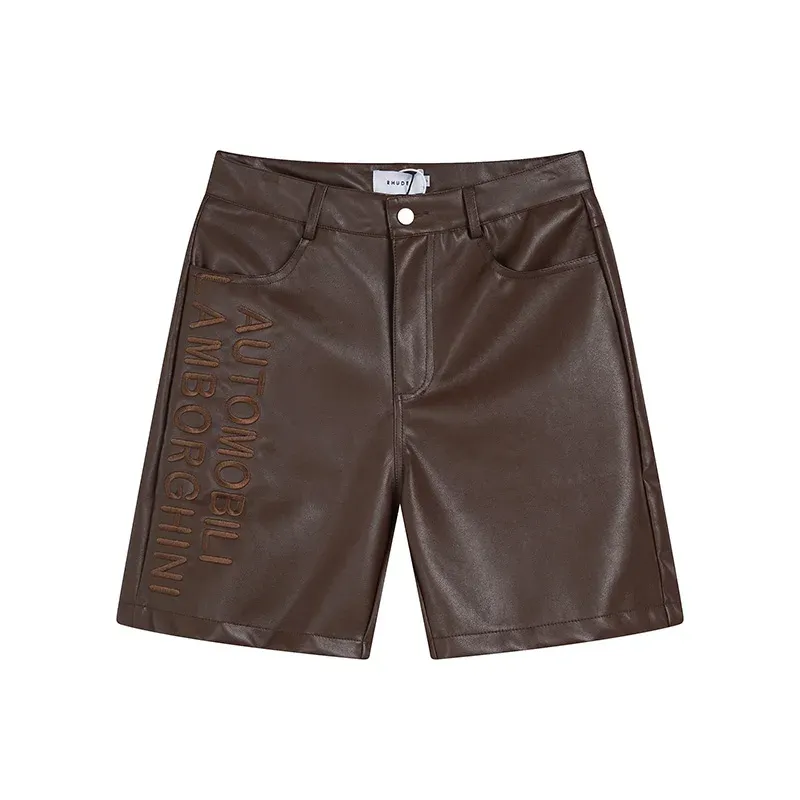 Burgundy Green Black PU Leather Shorts for Men and Women, Summer Casual Embroidery Letter Breeches with Tags