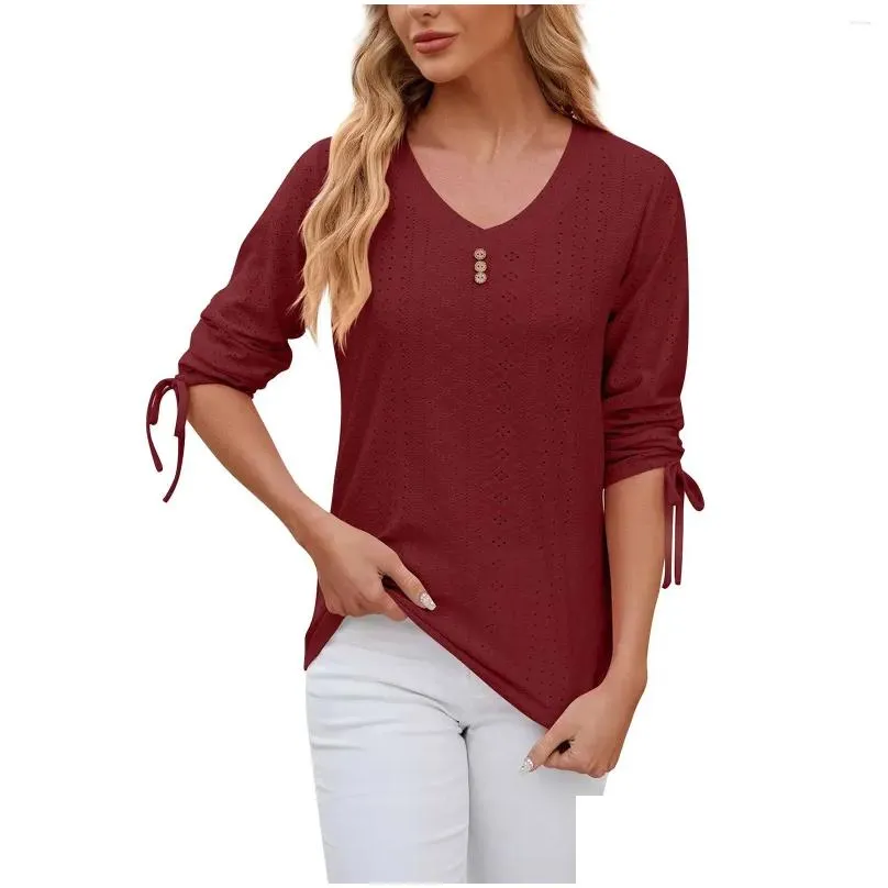 Women`s T Shirts 2024 Spring And Summer Button-down V-neck Solid Color Mid-sleeve Loose T-shirt Tops Official Store Ropa De Mujer