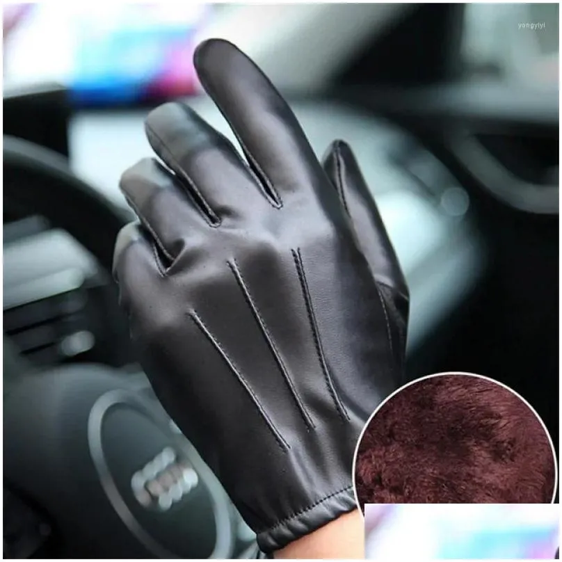 Cycling Gloves Men`s Leather Winter Autumn Driving Keep Warm Tactical Black Outdoor Sports Waterproof Mitten