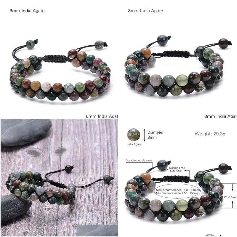 Chain 6/8Mm Natural Stone Indian Agate Double-Layer Beaded Bracelet Hand Braided Beads Couple Energy Healing Yoga Drop Delivery Jewel Dh9Lh