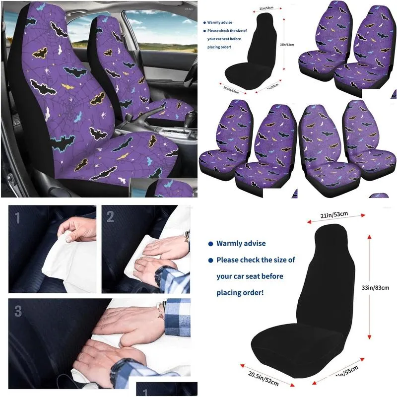 Car Seat Covers Bats And Cobweb Purple Front For Cars Women Men Halloween Bat All Seasons Universal Protection 2 Pcs