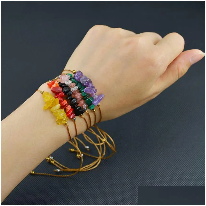 colorful chip stone bracelet strand crystal healing gemstone bracelets irregular chips braid adjustable beads reiki semi-precious stone