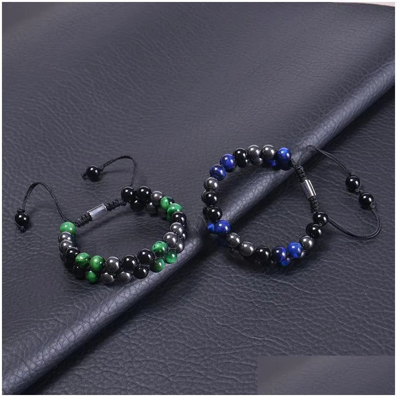 Chain Hand Braided 8Mm Black Onyx Hematite Green Tiger Eye Stone Bracelet Double Woven Adjustable Gemstone Beaded Drop Delivery Jewel Dhpoq