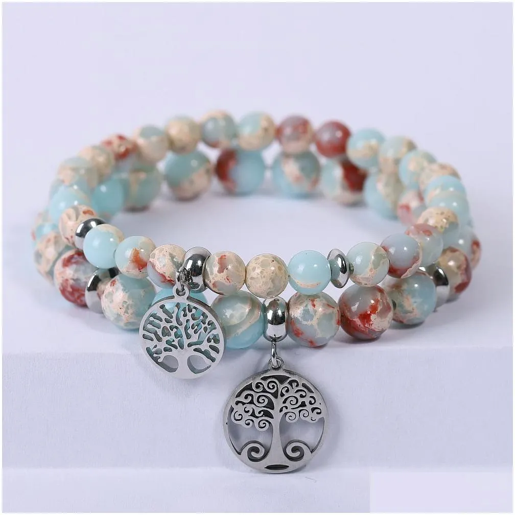 shoushan stone bracelet stainless steel tree of life charm elastic gemstone bead bracelet