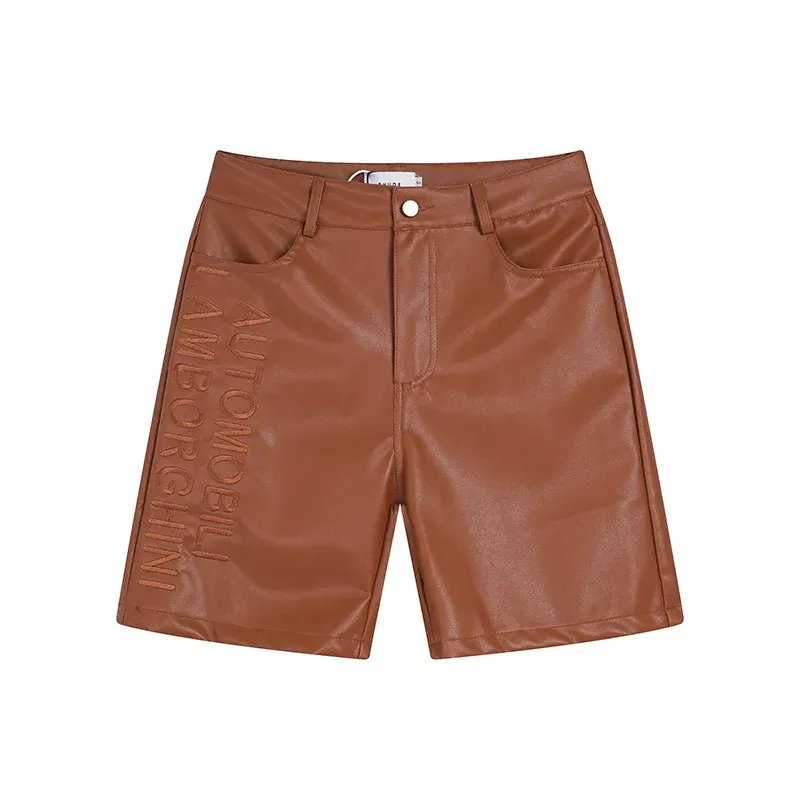 Burgundy Green Black PU Leather Shorts for Men and Women, Summer Casual Embroidery Letter Breeches with Tags
