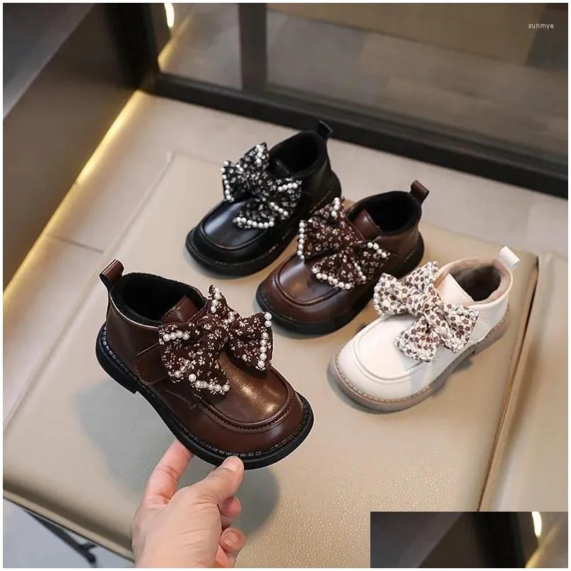 Boots Children Girls Leather Shoes Floral Bow Non-slip 2024 Spring And Autumn Hook & Loop Sweet Princess Casual Loafers Kids PU