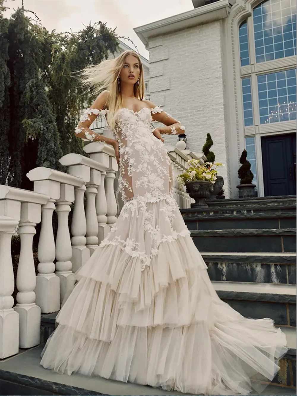 Elegant Mermaid Wedding Dress Off Shoulder Long Sleeve 3D Lace Flowers Bridal Gowns Appliques Backless Custom Made