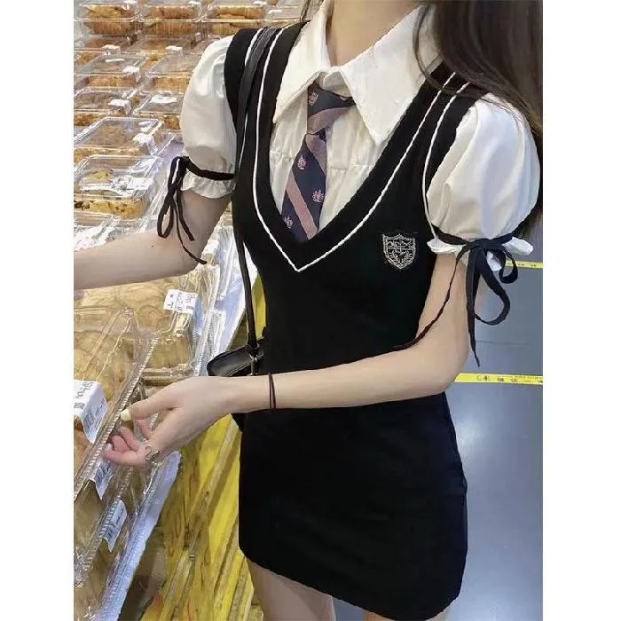 college style sweet cool spice girl senior sense royal sister wrapped hip bubble sleeve dress jk uniform fake two pure wind