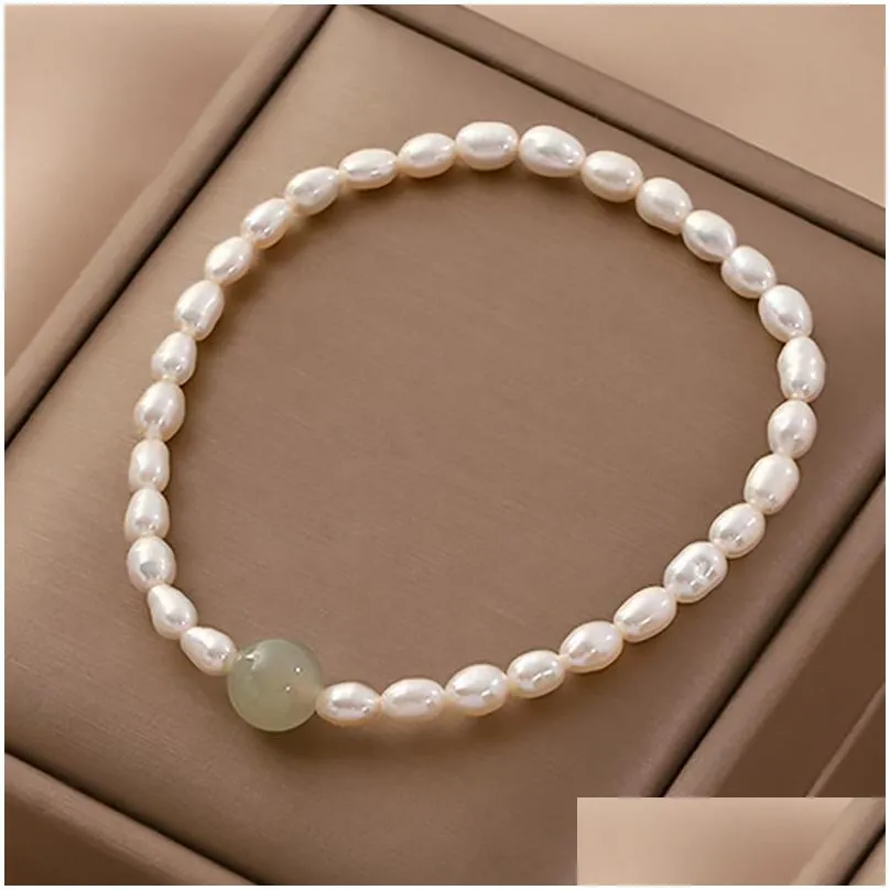 retro natural freshwater pearl bracelet for women fashion handmade jade pearl beaded stretch elastic bracelet