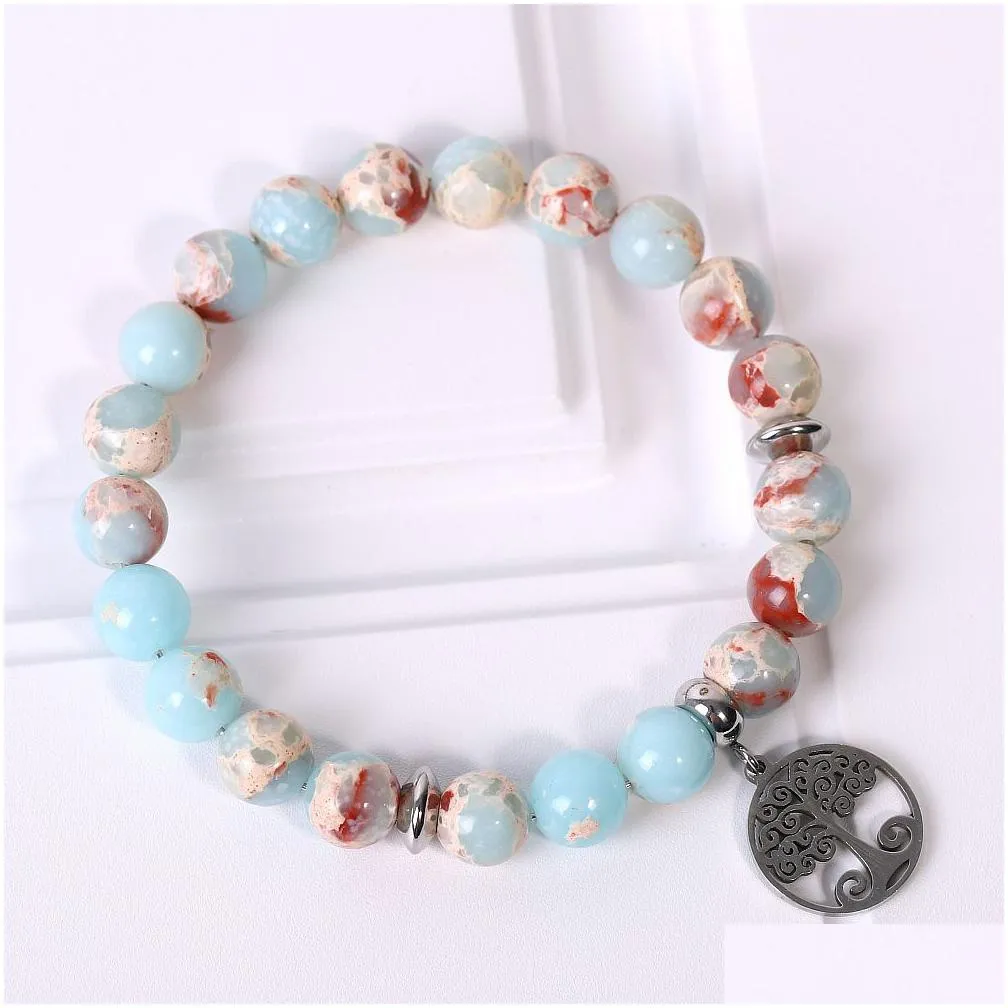 shoushan stone bracelet stainless steel tree of life charm elastic gemstone bead bracelet